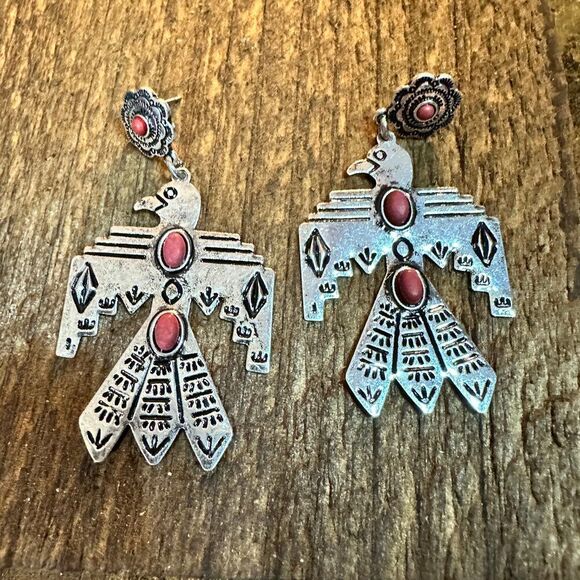 Metal Native Thunderbird Post Dangle Earrings in Red - Picture 4 of 8
